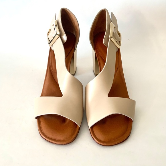 CLERGERIE Women's Beige Leather Abstract Gold Block-Heel Sandals Open toe Pumps - Picture 6 of 16